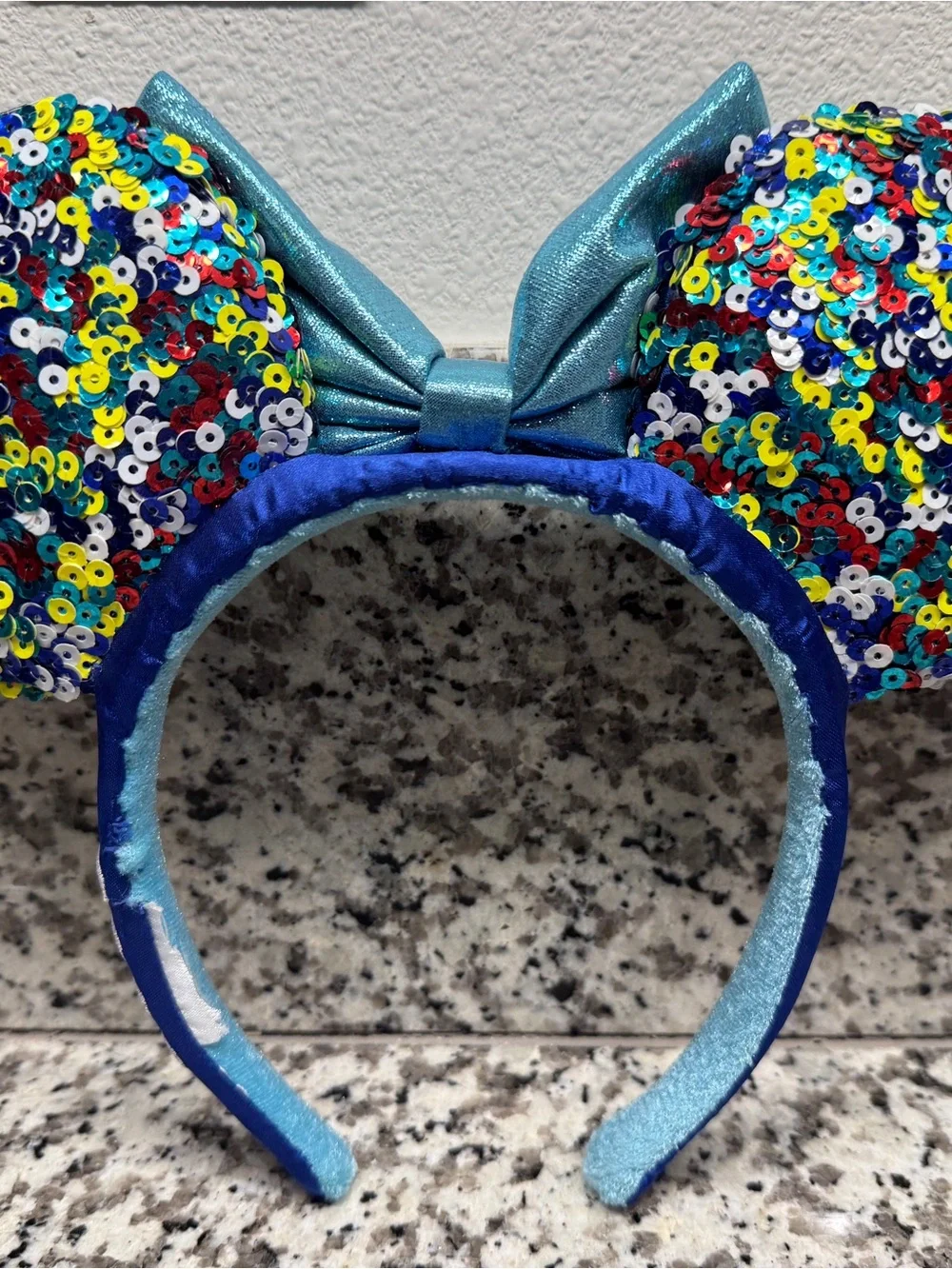 Disney Parks 2022 Sequin Minnie Ears Headband Rainbow Blue Bow Retired Rare